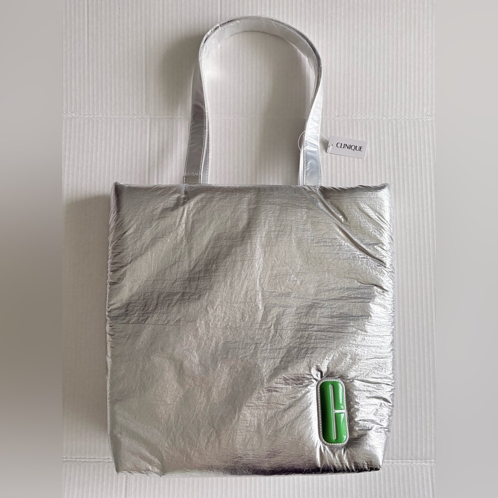 Clinique Silver Tote with Green Logo Accent